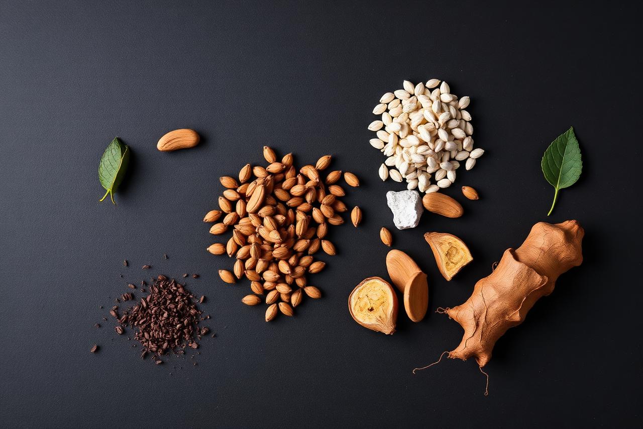Natural herbal testosterone support ingredients laid out on dark slate