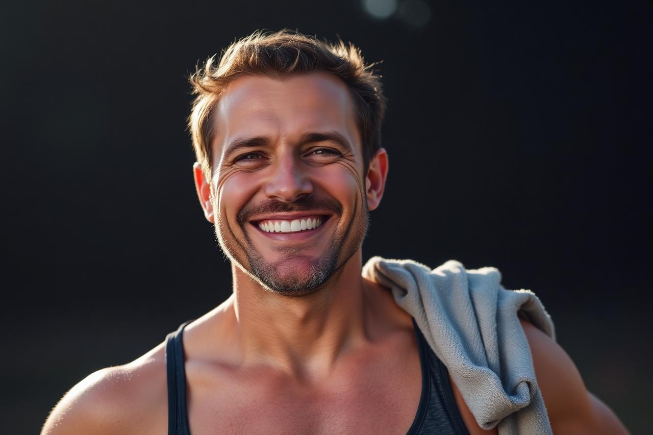 Man smiling with a towel over his shoulder after a workout